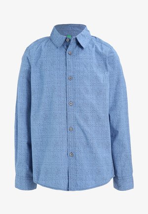 Long-sleeve light blue button-up shirt with subtle all-over geometric pattern and standard collar.