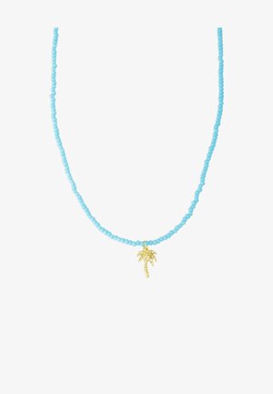 Karoliukų kaklo papuošalas su šviesiai mėlynais stiklo karoliukais ir auksiniu delno pakabuku. Karoliukai yra apvalūs ir lygūs, su vienodu atstumu tarp jų.