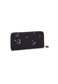 Portafoglio in tessuto nero con chiusura a zip, caratterizzato da un motivo floreale nei toni di viola e rosa, e un piccolo tirazip decorativo.