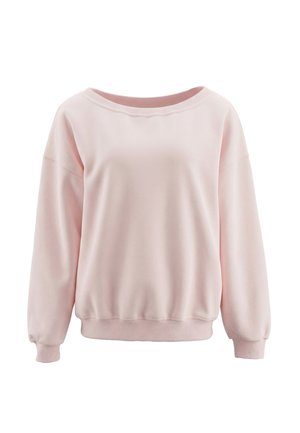 Lyserød sweatshirt med lange ærmer, rund halsudskæring, ribstrikkede manchetter og kant, vist på en hvid baggrund.