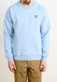 Ljusblå sweatshirt i bomullsmaterial, med ribbad rund halsringning, raglanärmar och en liten svart Adidas-logga på bröstet.