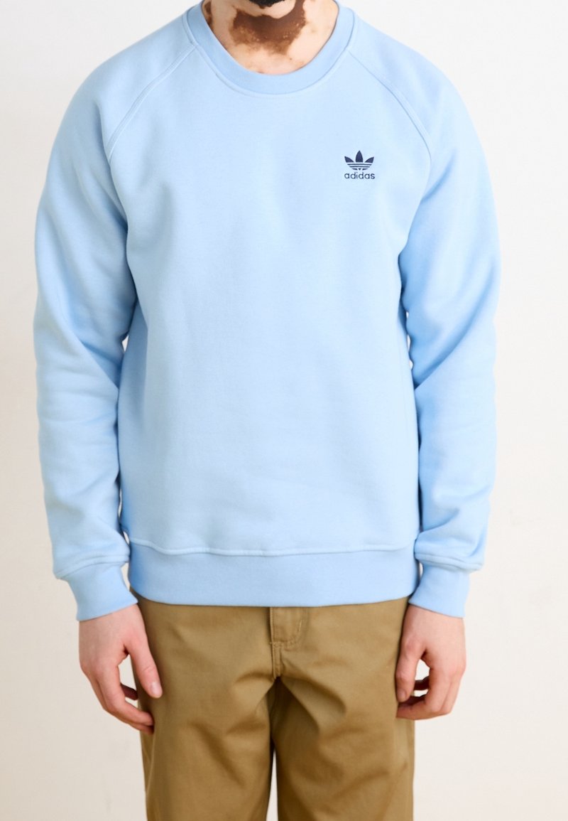 Ljusblå sweatshirt i bomullsmaterial, med ribbad rund halsringning, raglanärmar och en liten svart Adidas-logga på bröstet.
