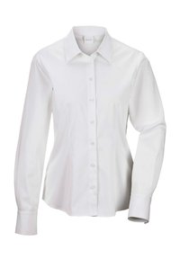 Weißes Langarmhemd aus glattem Stoff, mit spitzem Kragen, Knöpfen an der Front und leicht taillierter Taille für einen figurbetonten Look.