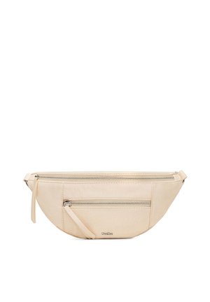 Beige Leder-Gürteltasche mit zwei Reißverschlussfächern und verstellbarem Riemen, kompakt und minimalistisches Design.
