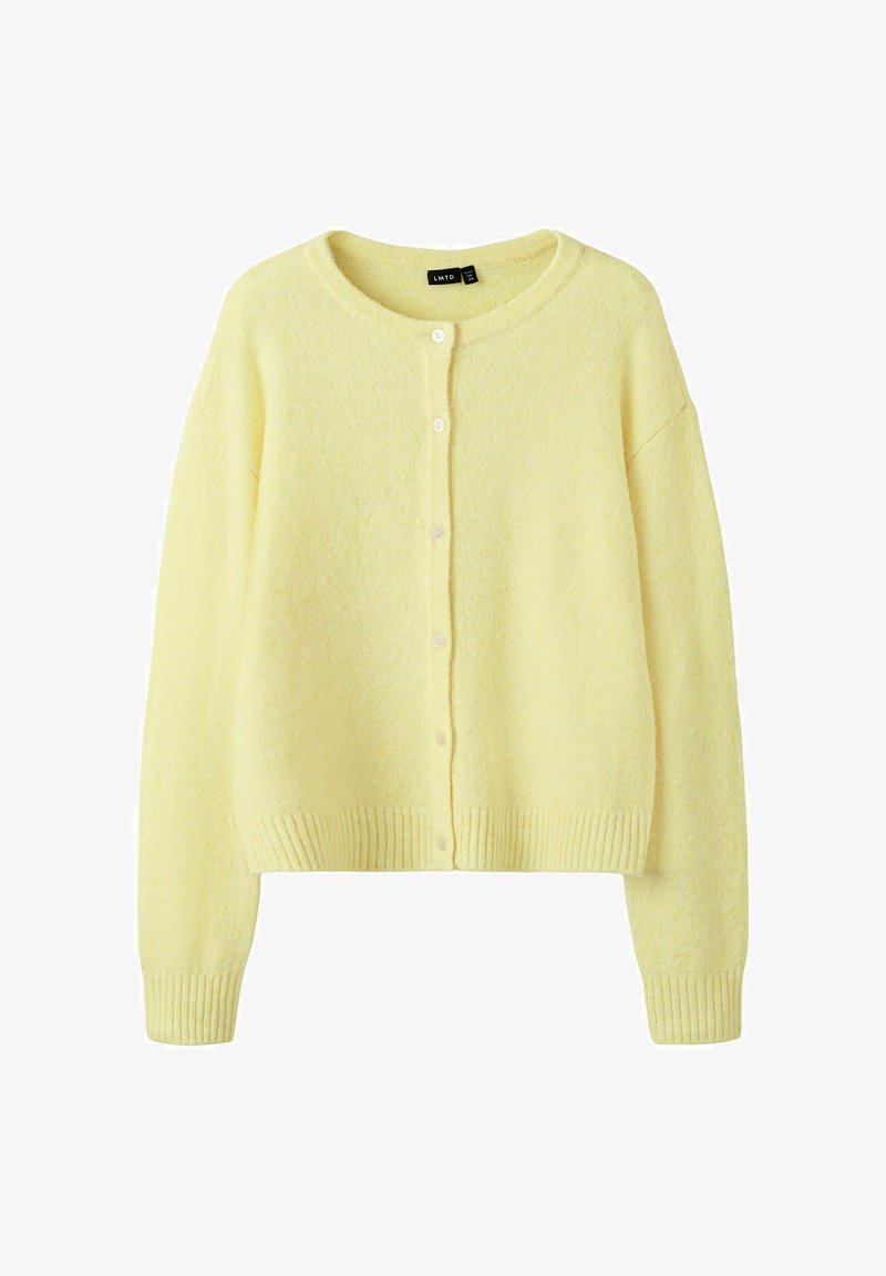 Šviesiai geltona, ilgomis rankovėmis, su sagomis megzta palaidinė, turinti raištelių rankogalius ir apačią, apvalų kaklo iškirpimą ir minkštą tekstūruotą audinį.