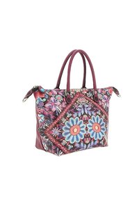 Borsa a spalla floreale multicolore con motivi ricamati, manici robusti e un vivace mix di tonalità rosa, blu e viola.