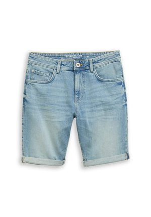 Svetlo modri denim kratke hlače z zavihanimi robovi, gumbom spredaj, zapiranjem z zadrgo, zankami za pas in sprednjimi ter kovanci žepi.