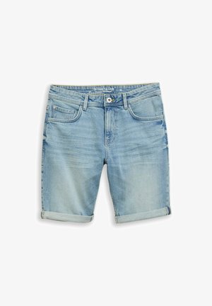Hellblaue Jeansshorts mit umgeschlagenen Säumen, vorderer Knopfleiste, Reißverschluss, Gürtelschlaufen sowie vorderen Taschen und Münztasche.