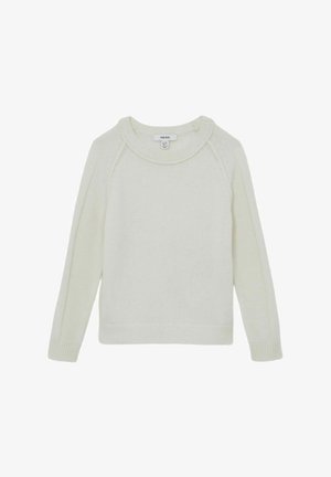 Jasno kremowy sweter w miękkim dzianinie, z okrągłym dekoltem, rękawami raglanowymi oraz ściągaczami przy mankietach i dolnej krawędzi dla wygodnego dopasowania.