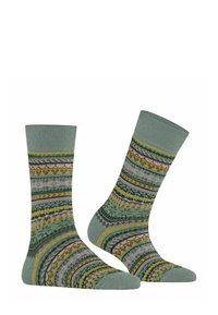 Bawełniane skarpetki w kolorze zielonym z misternymi, wielokolorowymi wzorami w paski, serca i kwiatowe wzory. Żebrowane mankiety.