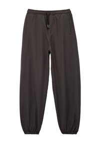 Schwarze Jogginghose mit elastischem Bund und Kordelzug, ausgestattet mit Seitentaschen und elastischen Bündchen an den Knöcheln. Aus glattem, leichtem Stoff.