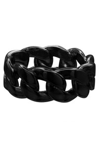 Svart kjede-link ring med en blank finish. Kjedene har en jevn, rund form, sammenkoblet i et dristig design. Holdbart materiale.