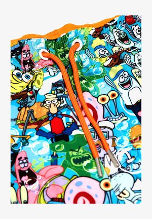 Bunte Badehose mit einem Cartoon-Muster und Charakteren auf blauem Hintergrund. Enthält orangefarbene Kordeln und Metallösen.