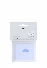 Packaging di calze in cotone bianco con un grafico blu del logo al centro. La parte anteriore in plastica trasparente mostra la calza all'interno.