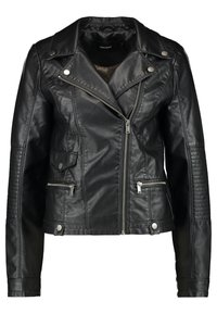 Sort lædermotorcykeljakke med sølvfarvet beslag, asymmetrisk lynlås, forlommer og quiltet tekstur på skuldre og ærmer.