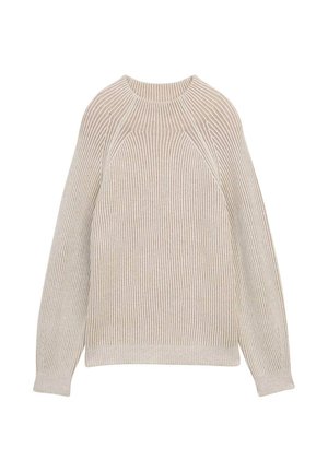 Beige gebreide trui met een geribbeld patroon, voorzien van een ronde halslijn, lange raglanmouwen en een comfortabele pasvorm.
