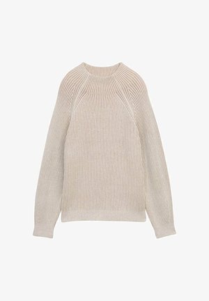 Bežs adīts džemperis ar ribotu tekstūru, ar apaļu kakla izgriezumu, garām raglans piedurknēm un brīvu piegriezumu.