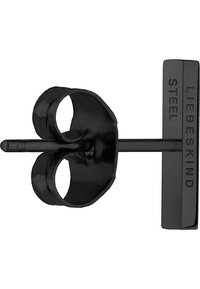 Orecchino in acciaio nero con design ad anello, due aperture arrotondate e un retro rettangolare inciso con "LIEBESKIND STEEL."