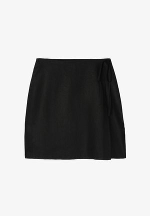 Black linen wrap skirt with a tie at the waist, featuring a smooth texture and a straight silhouette. No patterns or embellishments.