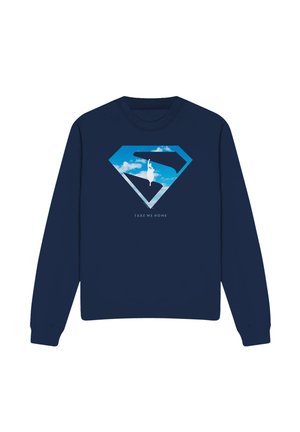 Navy sweatshirt with diamond-shaped graphic of sky and clouds, a silhouette of a gymnast hanging, and text "TAKE ME HOME" below.