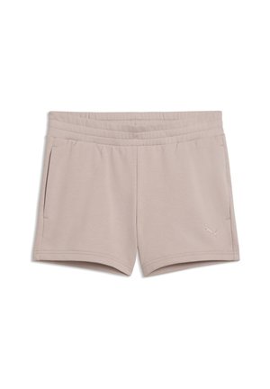 Pantalones cortos deportivos de color beige claro con cintura elástica, bolsillos laterales y pequeño logotipo de Puma en la pierna izquierda.