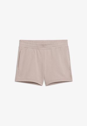 Jasnobeżowe sportowe szorty z elastycznym paskiem, bocznymi kieszeniami i małym logo Puma na lewej nodze.
