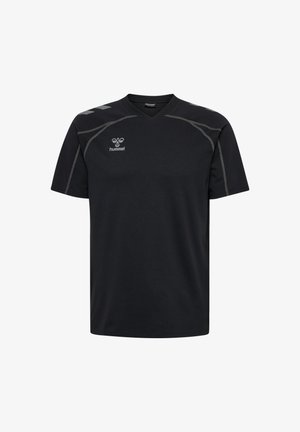 Schwarzes V-Ausschnitt-T-Shirt aus leichtem Stoff. Verfügt über graue Nähte und ein Logo auf der Brust, mit kurzen Ärmeln und einem lockeren Schnitt.