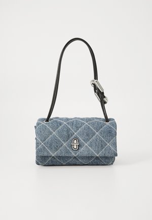 Quilted denim handbag with a rectangular shape, silver hardware, black strap, and white diamond stitching pattern.