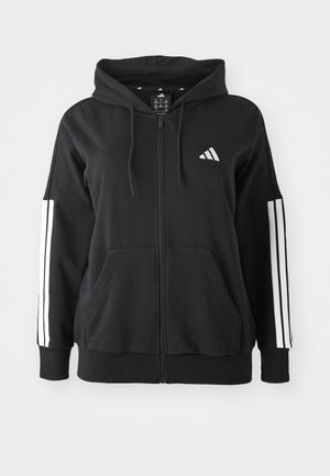 Sweatshirt preto com fecho éclair e bolsos frontais, apresentando detalhes em branco com três riscas nas mangas e um pequeno logo branco no peito.