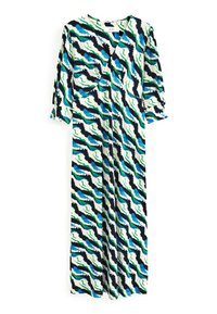 Maxi sukienka z lekkiego materiału w intensywny błękitno-zielono-czarny wzór fal. Ma dekolt w kształcie litery V i rękawy o długości trzech kwart.
