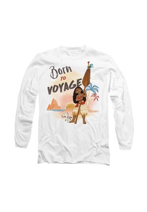 White long-sleeve shirt featuring an illustration of a girl with a paddle, text reading "Born to Voyage," and tropical design elements.