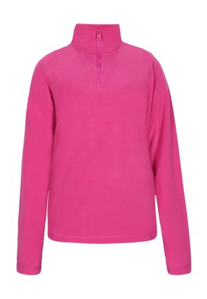 Roze fleece pullover met een halve ritssluiting aan de kraag. Kenmerkt zich door lange mouwen en een zachte, gladde textuur. Eenvoudig ontwerp, geen patronen of accenten zichtbaar.
