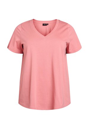 T-shirt in cotone rosa con scollatura a V, maniche corte e vestibilità comoda. Presenta una texture morbida e dettagli di cucitura lungo la scollatura.