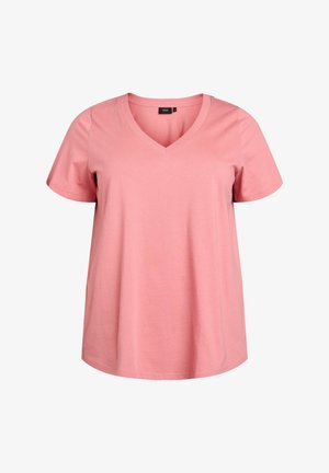 Roza pamučna majica s V-izrezom, kratkim rukavima i opuštenim krojem. Ima glatku teksturu i detalje šivanja uz izrez.