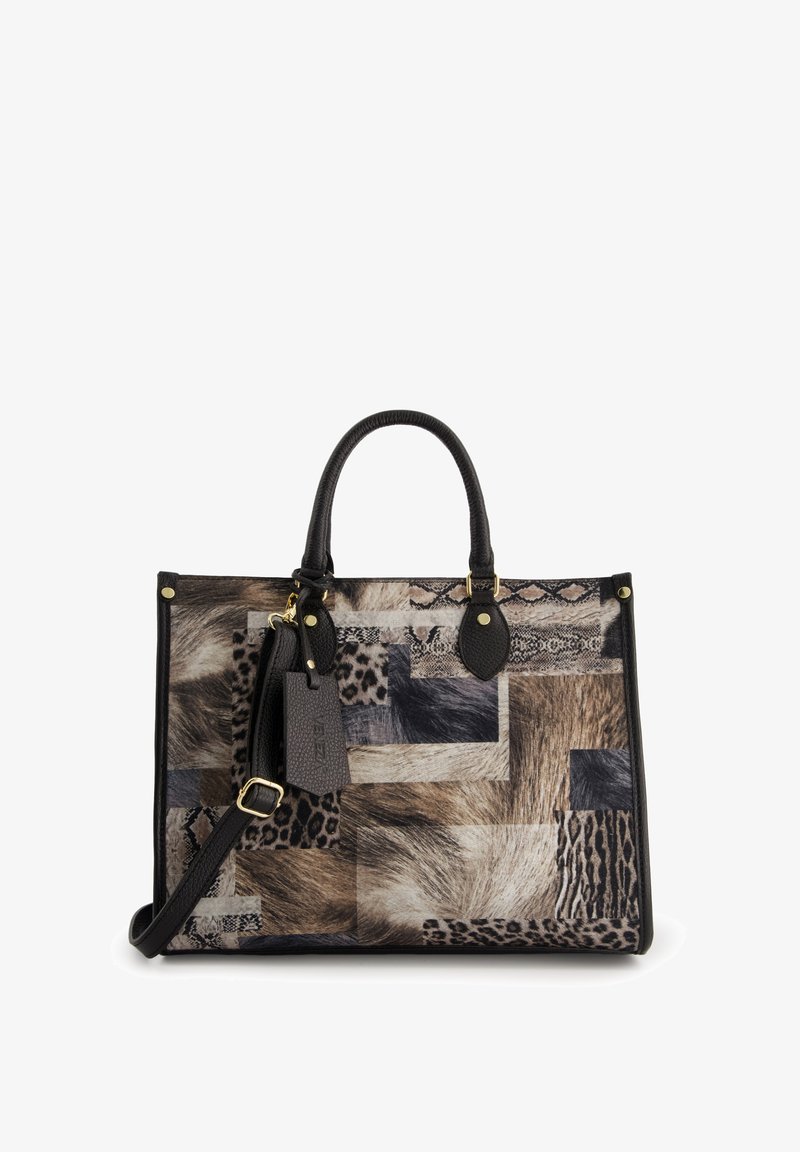 Tote bag with various animal print patterns in browns, grays, and black. Features black leather handles and a detachable shoulder strap.