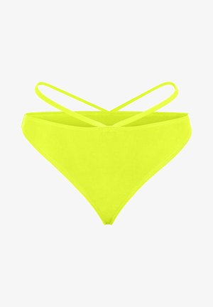 Neonowy żółty dół bikini z minimalnym wykończeniem, z cienkimi ramiączkami krzyżującymi się na plecach, gładką fakturą i prostym wzornictwem.