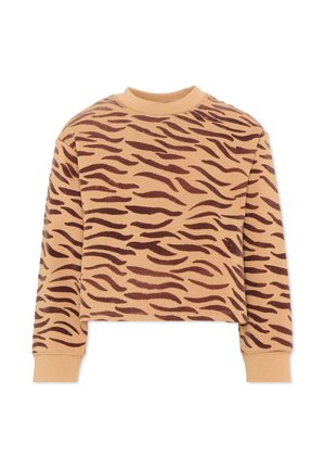Felpa cropped a manica lunga con motivo a righe di tigre marroni su tessuto beige e polsini e scollo a coste.