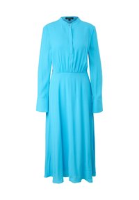Robe midi bleu vif à manches longues avec col mandarin, patte de boutonnage, taille élastique et larges poignets.