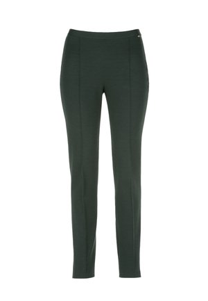 Pantalons ajustés vert foncé avec une texture lisse, dotés d'une large ceinture et de détails de couture à l'avant pour un design amélioré. Pas de poches visibles.