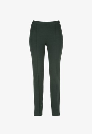 Pantalons ajustés vert foncé avec une texture lisse, dotés d'une large ceinture et de détails de couture à l'avant pour un design amélioré. Pas de poches visibles.