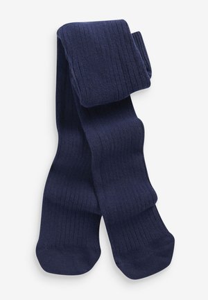 Collants côtelés bleu marine fabriqués à partir d'un tissu texturé, avec une ceinture et un design à pieds. La surface présente un motif vertical subtil.
