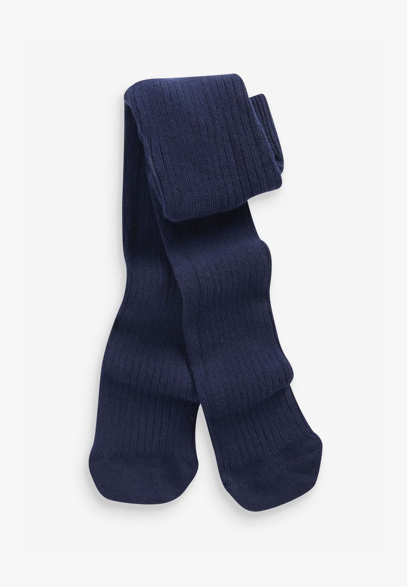 Collants côtelés bleu marine fabriqués à partir d'un tissu texturé, avec une ceinture et un design à pieds. La surface présente un motif vertical subtil.