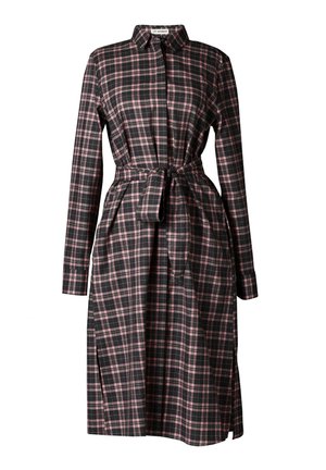 Musterniga mustriga mustrisärk, millel on kaelus, pikad varrukad, vöö ja küljetaskud. Sile kangas struktureeritud disainiga.