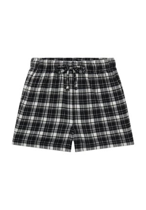 Czarno-białe kratkowane szorty z elastycznym pasem i sznurkiem do wiązania. Wykonane z miękkiego materiału, z motywem kratki i luźnym krojem.
