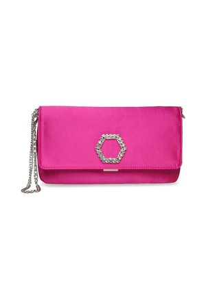 Bright pink clutch purse with a silver chain strap and a hexagonal rhinestone decoration on the front flap.