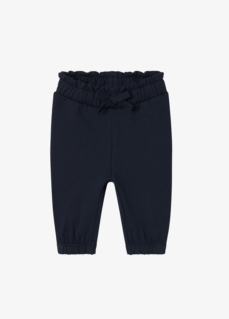 Pantalones de algodón azul marino con una cinturilla elástica fruncida, cordón de ajuste y puños elásticos en los tobillos. Textura suave, diseño casual.