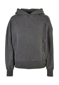 Ciemnoszara, oversize bluza z kapturem, z przednimi kieszeniami, ściągaczami przy mankietach i na dole oraz luźnym krojem.