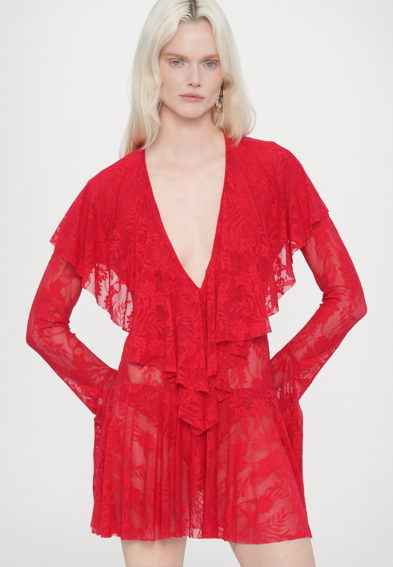 Norma Kamali LONG SLEEVE DEEP RUFFLE MINI DRESS - Cocktail dress / Party dress - tiger red/red - Zalando.co.uk Norma Kamali LONG SLEEVE DEEP RUFFLE MINI DRESS - Cocktail dress / Party dress - tiger red/red - Zalando.co.uk
