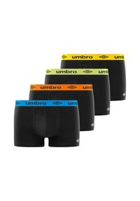 Quatre boxers pour hommes noirs avec tailles élastiques en bleu, orange, vert et jaune, chacun marqué du nom « umbro » et du logo.