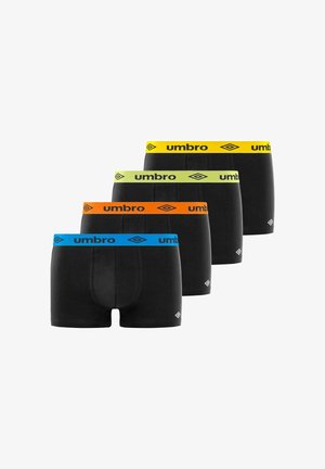 Quatre boxers pour hommes noirs avec tailles élastiques en bleu, orange, vert et jaune, chacun marqué du nom « umbro » et du logo.